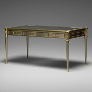 French, desk: French desk c. 1970stainless steel, nickel-plated brass, leather, brass63 w &times; 32.5 d &times; 30.5 h in (160 &times; 83 &times; 77 cm) Desk features three locking drawers and retains key.