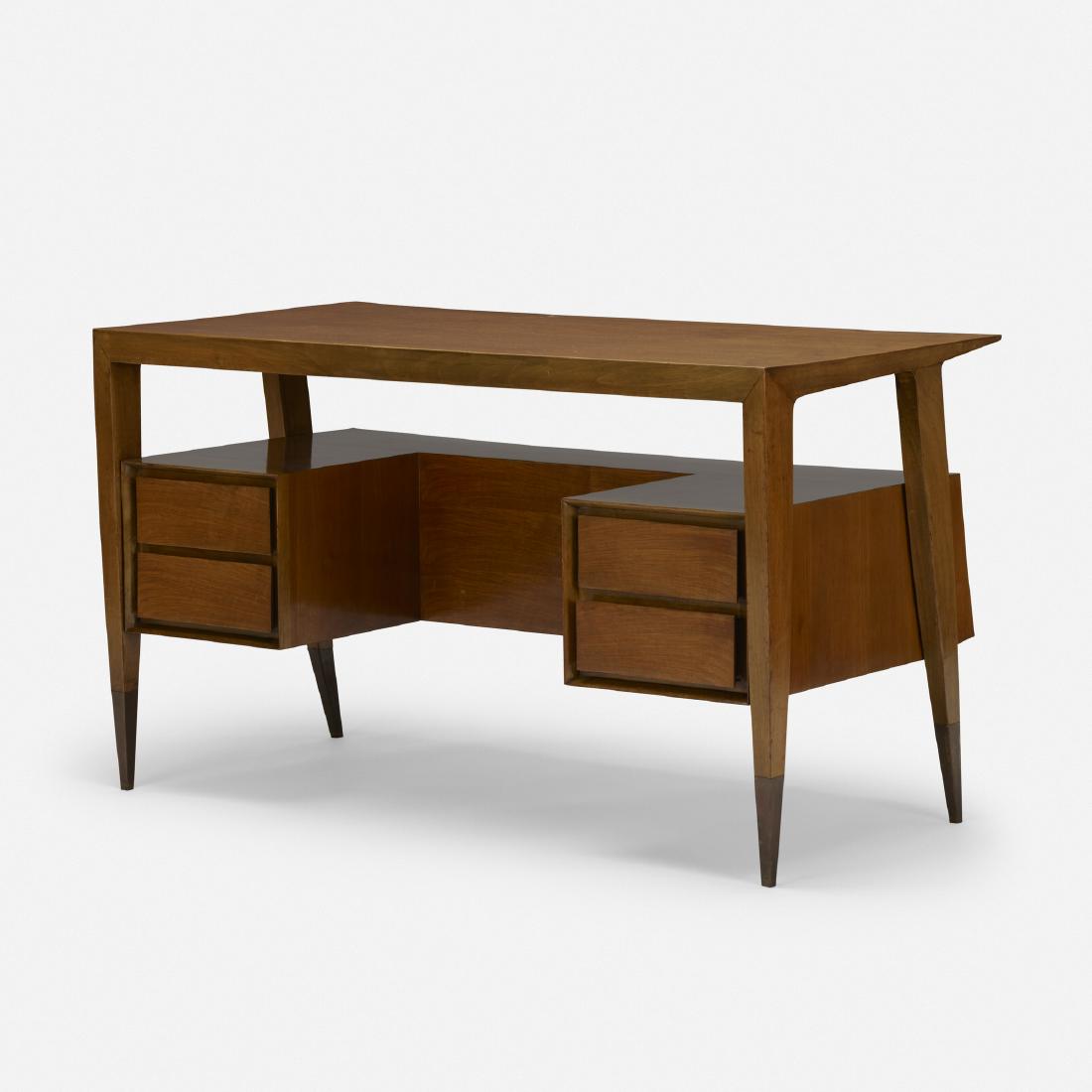 Gio Ponti, desk: Gio Ponti desk Giordano Chiesa for Singer & SonsItaly, c. 1950walnut, brass50.5 w × 25.5 d × 29.25 h in (128 × 65 × 74 cm) Desk features four drawers. Signed with st