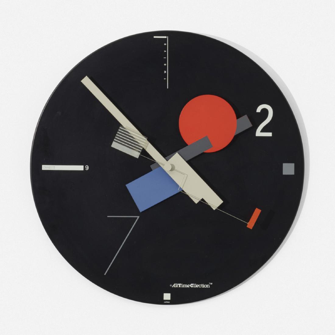 Nicolai Canetti, Art Time wall clock: Nicolai Canetti Art Time wall clock CanettiUSA / Japan, 1984enameled aluminum, plastic film12 dia × 1.75 d in (30 × 4 cm) Stamped manufacturer's mark to face 'Canetti Japan Art