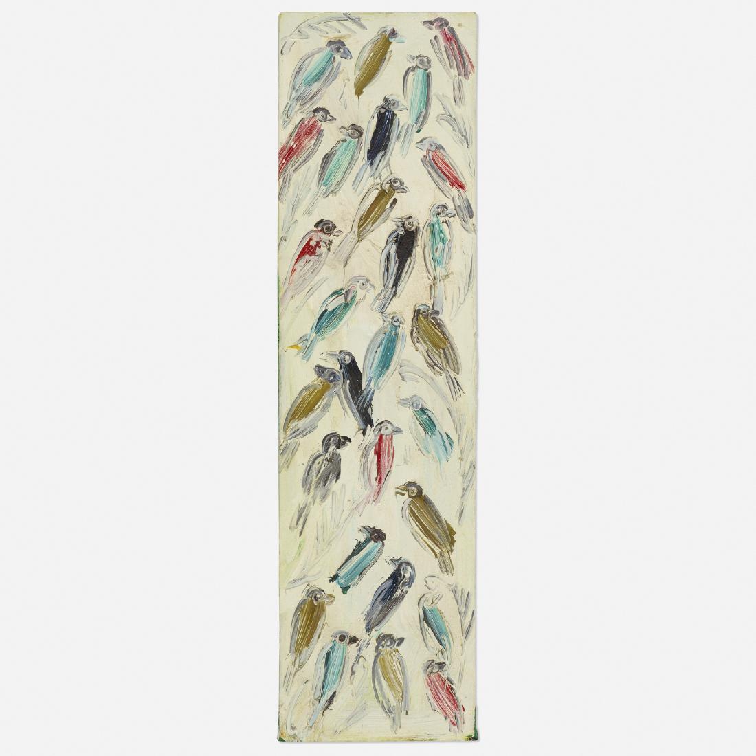 Hunt Slonem, Finches: Hunt Slonem Finches 1995 oil on canvas 36 h × 10 w in (91 × 25 cm) Signed, titled and dated to verso 'Hunt Slonem 1995 Finches'.