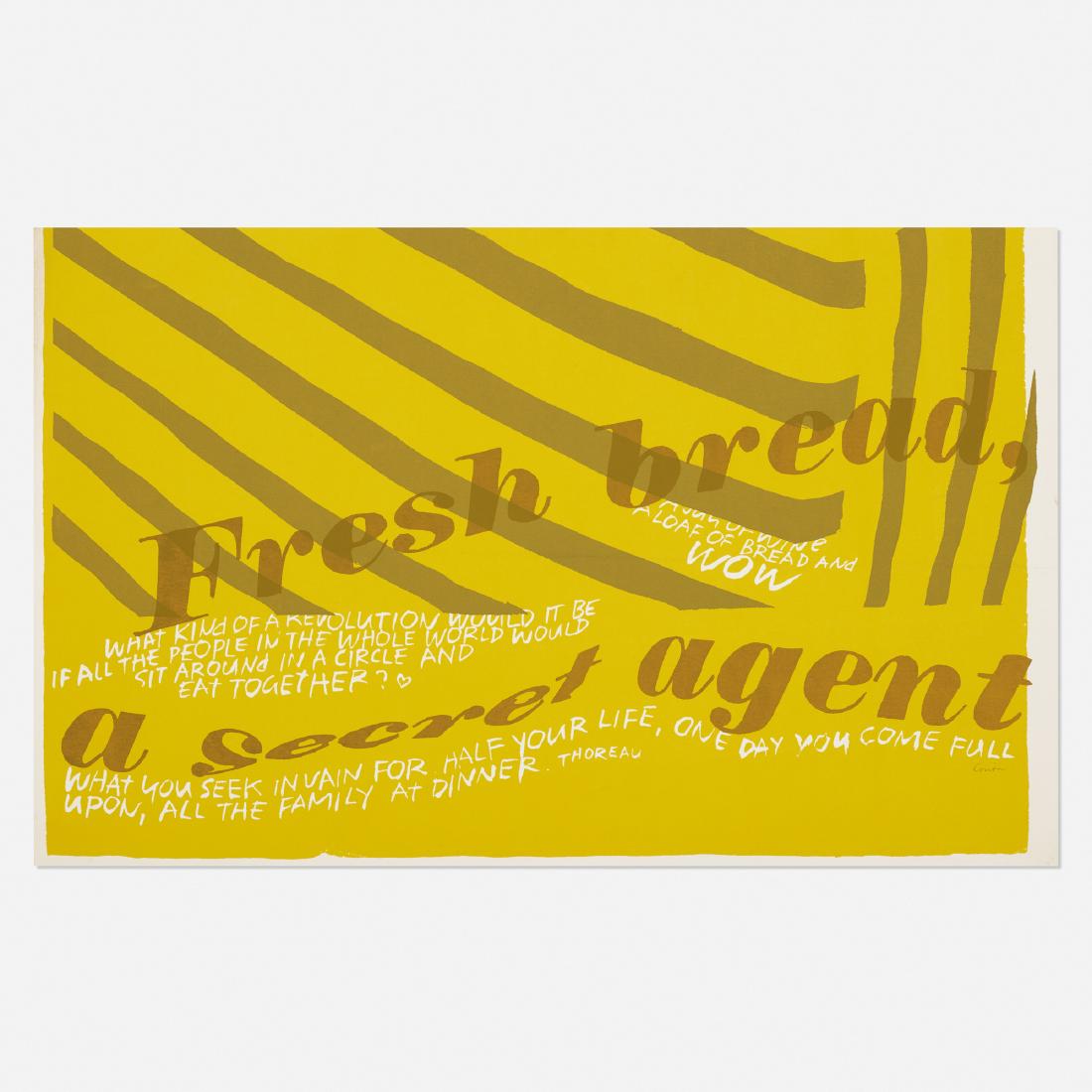 Corita Kent (Sister Mary Corita), Fresh Bread: Corita Kent (Sister Mary Corita) Fresh Bread 1967 screenprint on paper 14 h × 22 w in (36 × 56 cm) Sheet measures: 14.5 h x 23 w inches. Signed to lower right 'Corita'. This wo