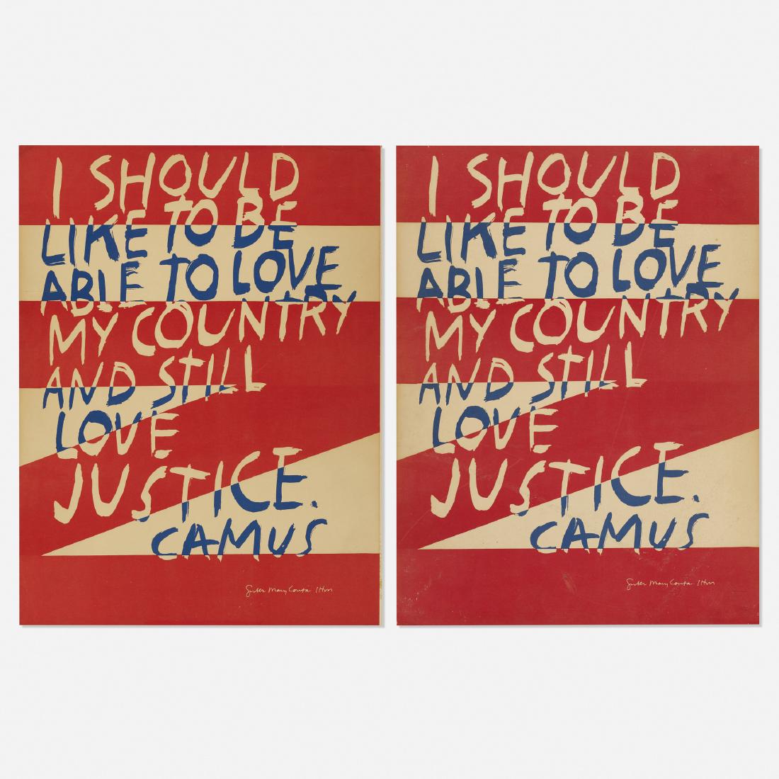 Corita Kent (Sister Mary Corita), Untitled: Corita Kent (Sister Mary Corita) Untitled (Camus) (two works) 1966 screenprint on paper 18.25 h × 13.75 w in (46 × 35 cm) This work was featured on the cover of motive magazine's