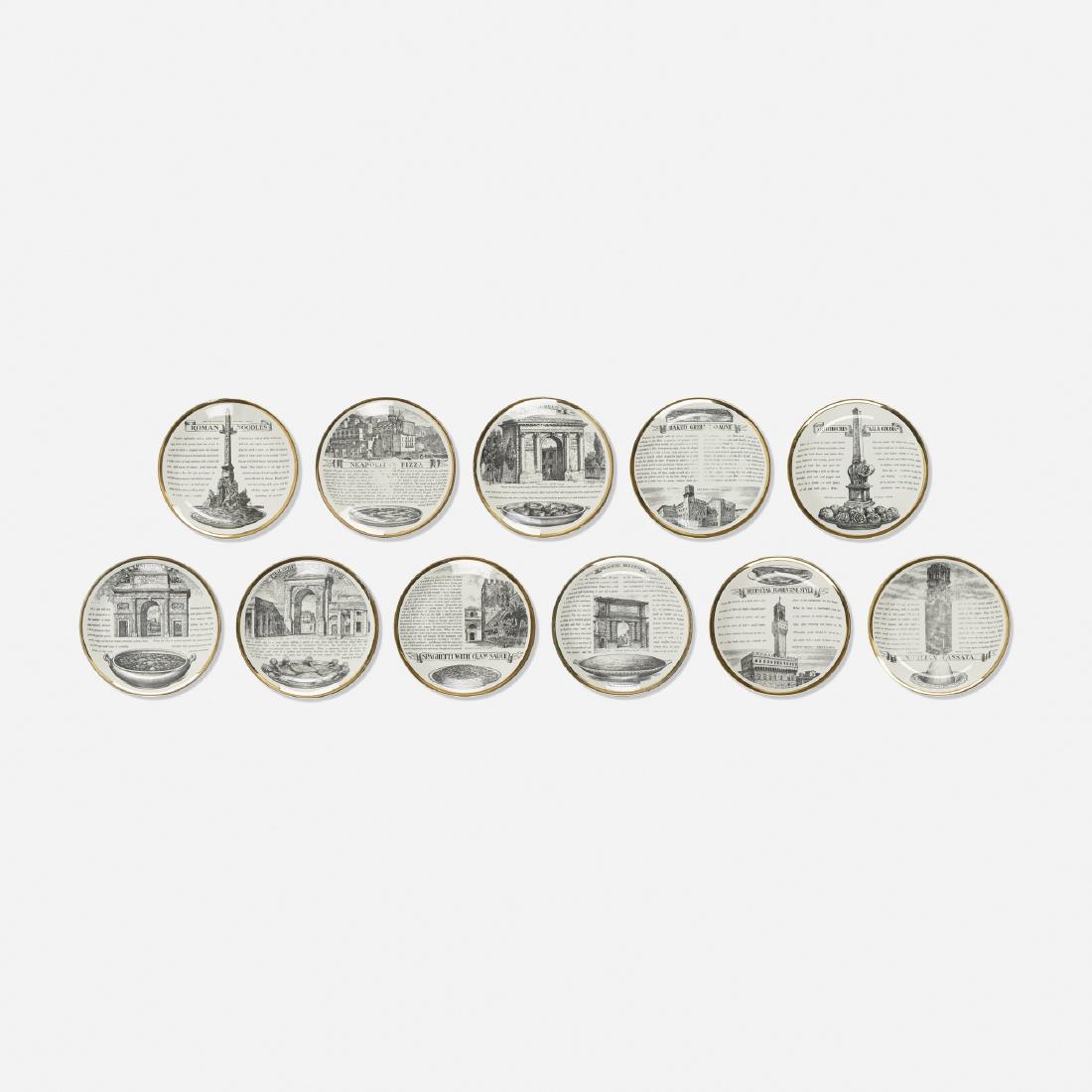 Piero Fornasetti, The Glory of Italian Cookery plates: Piero Fornasetti The Glory of Italian Cookery plates, collection of eleven Fornasetti MilanoItaly, c. 1965transfer-printed and gilt porcelain9.5 dia × 1.25 h in (24 × 3 cm) Sign