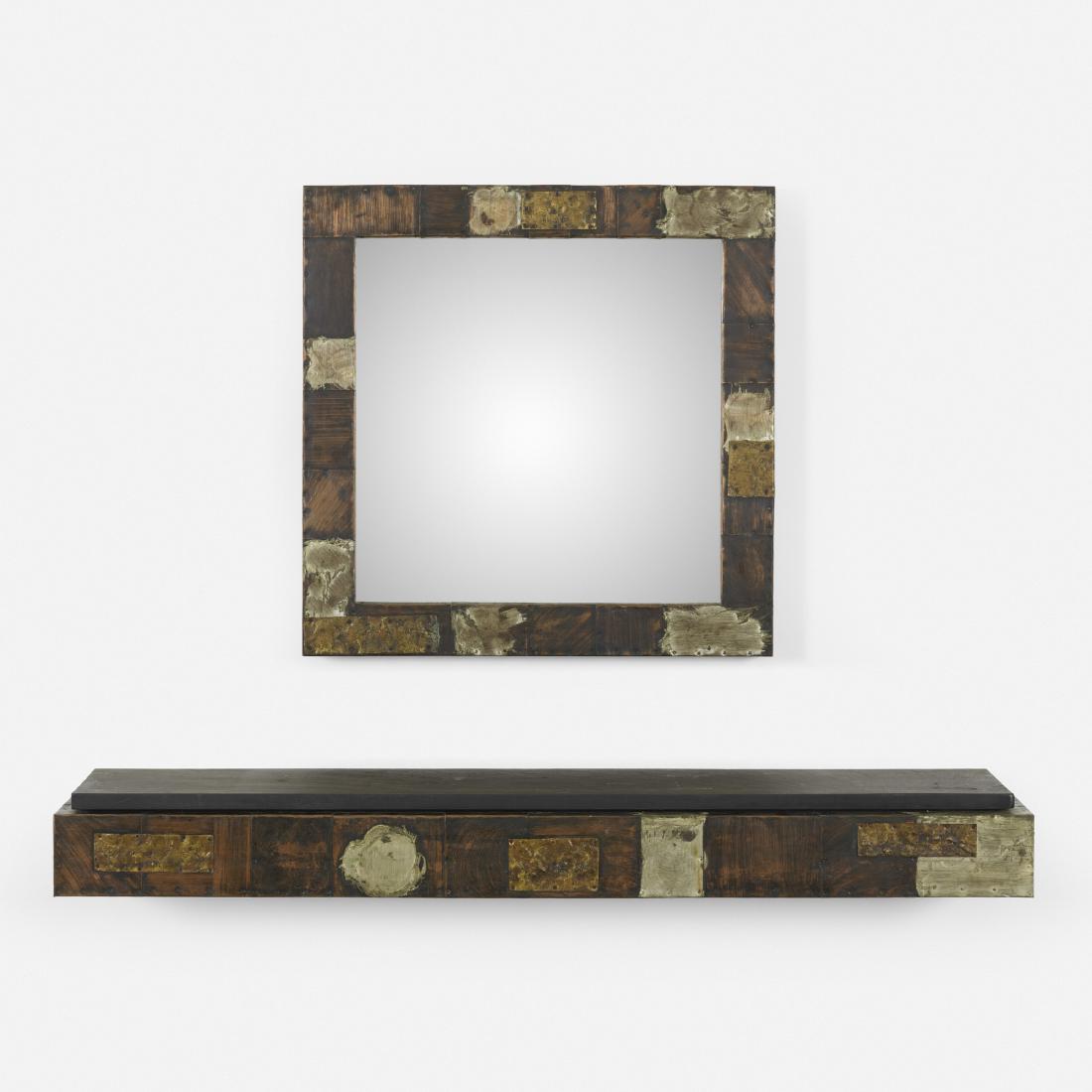 Paul Evans, wall-mounted console PE 17 and mirror PE 18: Paul Evans wall-mounted console, model PE 17 and mirror, model PE 18 Paul Evans Studio for DirectionalUSA, c. 1970welded and enameled steel, welded and enameled copper, slate, mirrored glass60 w &