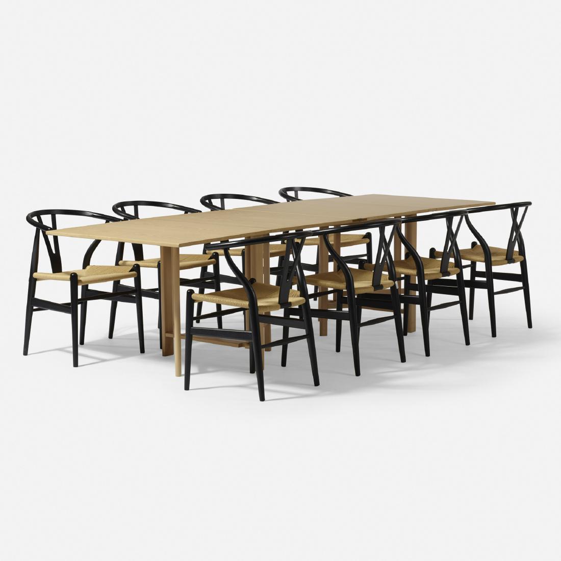 Hans J. Wegner and Bruno Mathsson, dining set: Hans J. Wegner and Bruno Mathsson dining set Carl Hansen & SonDenmark/Sweden, 1937/1950 / produced laterlacquered wood, rush21.5 w × 35.5 d × 28.5 h in (55 × 90 × 72 cm)