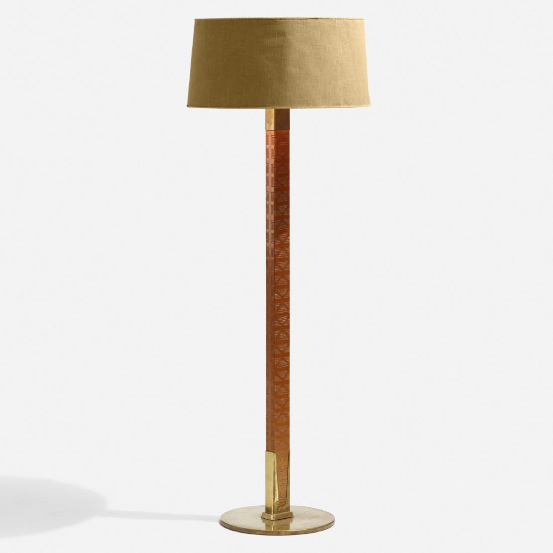 Paavo Tynell, Rare floor lamp, model 9611: Paavo Tynell Rare floor lamp, model 9611 Taito OY Finland, c. 1954 carved pear, brass, linen 22 dia × 61 h in (56 × 155 cm) Impressed manufacturer's mark to stem 'Taito TT 9611 Mad