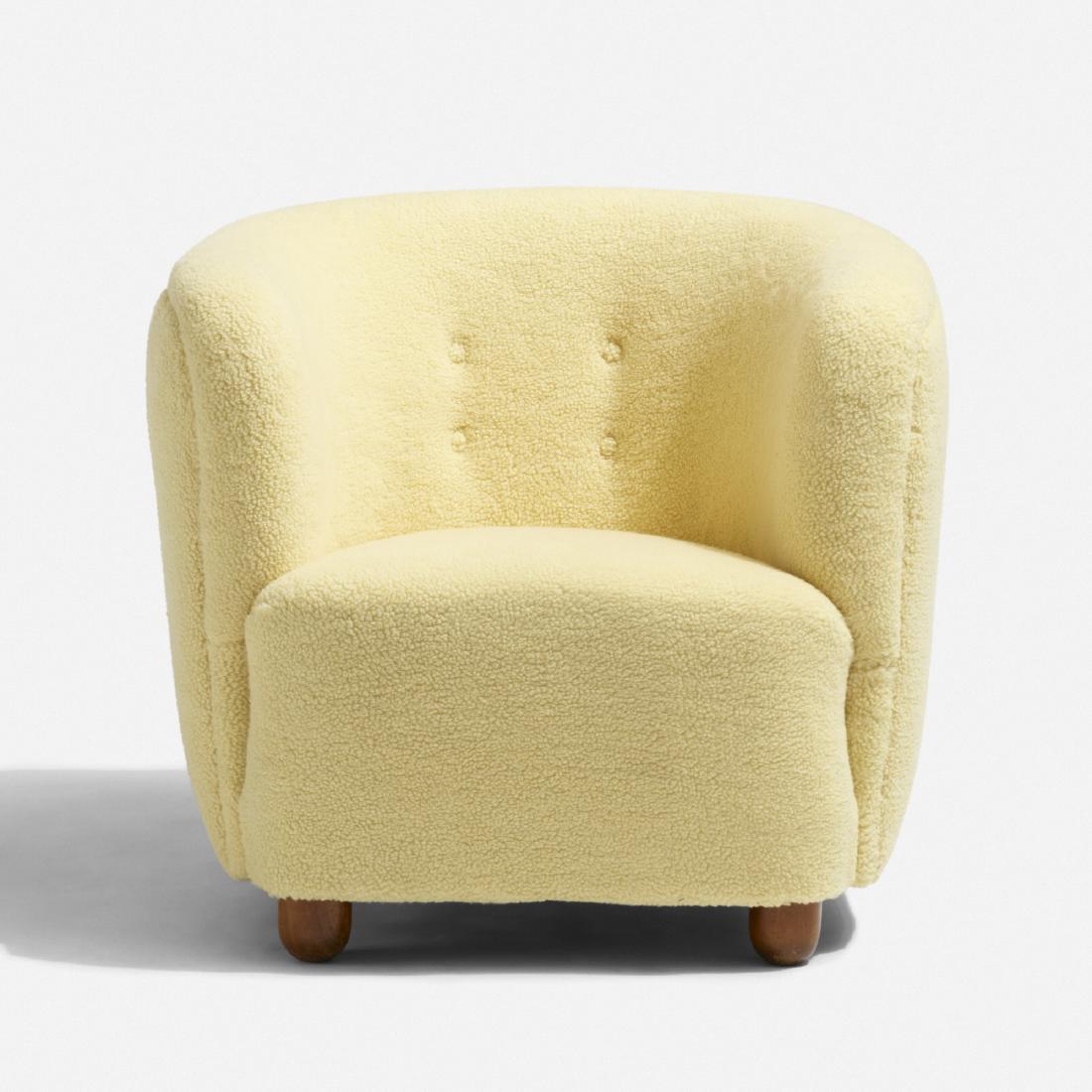 Flemming Lassen, attribution, lounge chair: Flemming Lassen, attribution lounge chair Denmark, c. 1940faux sheepskin, beech31 w × 29 d × 28 h in (79 × 74 × 71 cm)