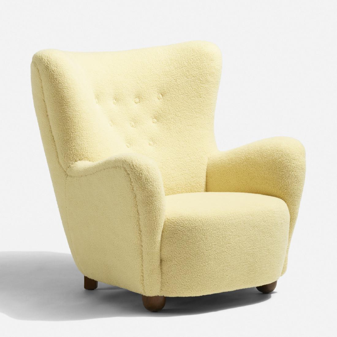 Flemming Lassen, attribution, lounge chair: Flemming Lassen, attribution lounge chair Denmark, c. 1940faux sheepskin, beech34 w × 36 d × 37 h in (86 × 91 × 94 cm)