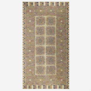 Barbro Nilsson, monumental tapestry weave carpet: Barbro Nilsson Monumental Carnation tapestry weave carpet Marta Maas-Fjetterstrom ABSweden, 1950hand-woven wool110 w × 206 l in (279 × 523 cm) Woven signature to edge 'AB MMF BN