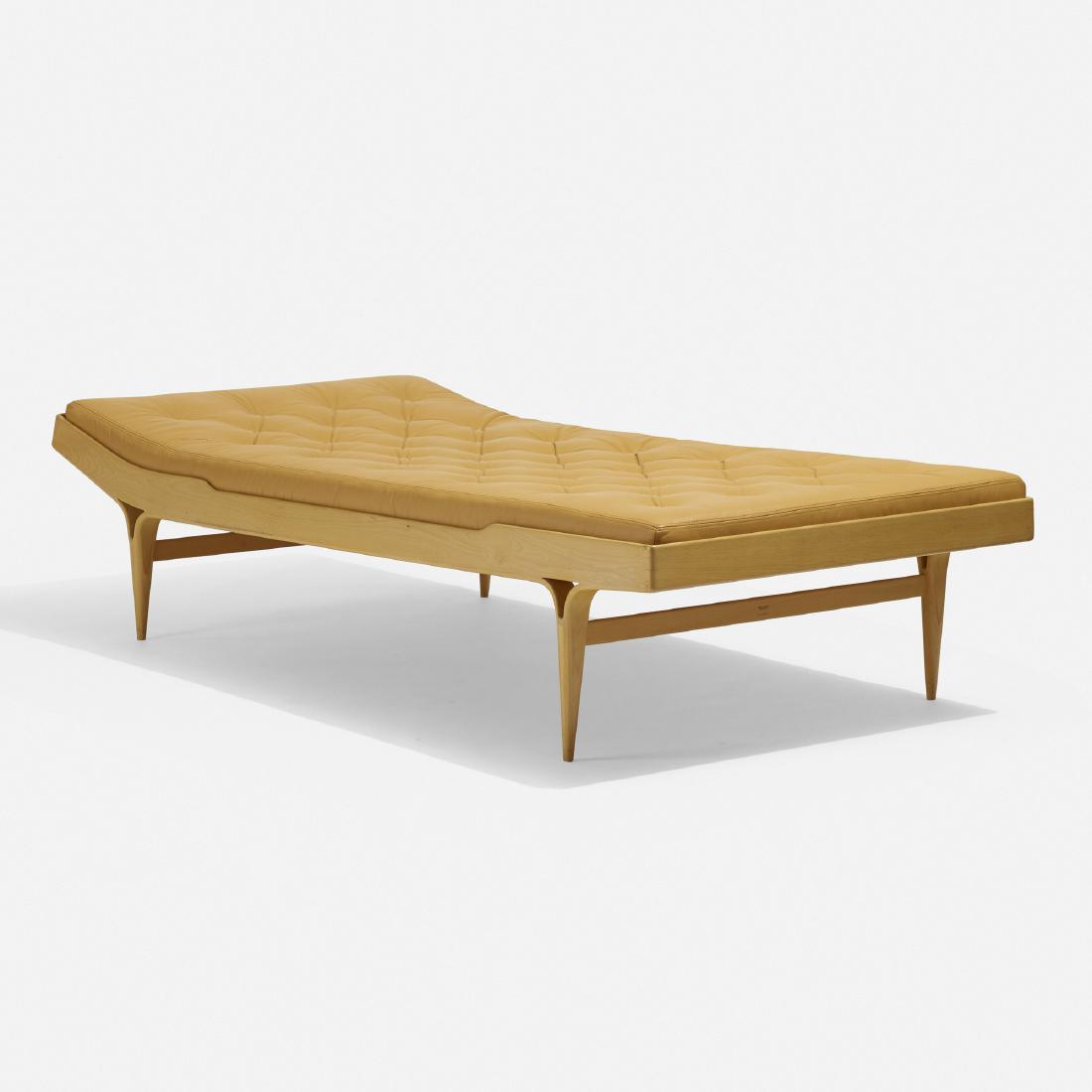 Bruno Mathsson, Berlin daybed: Bruno Mathsson Berlin daybed Firma Karl MathssonSweden, 1950 / 1964laminated beech, leather40 w × 79 d × 19 h in (102 × 201 × 48 cm) Branded manufacturer's mark to u