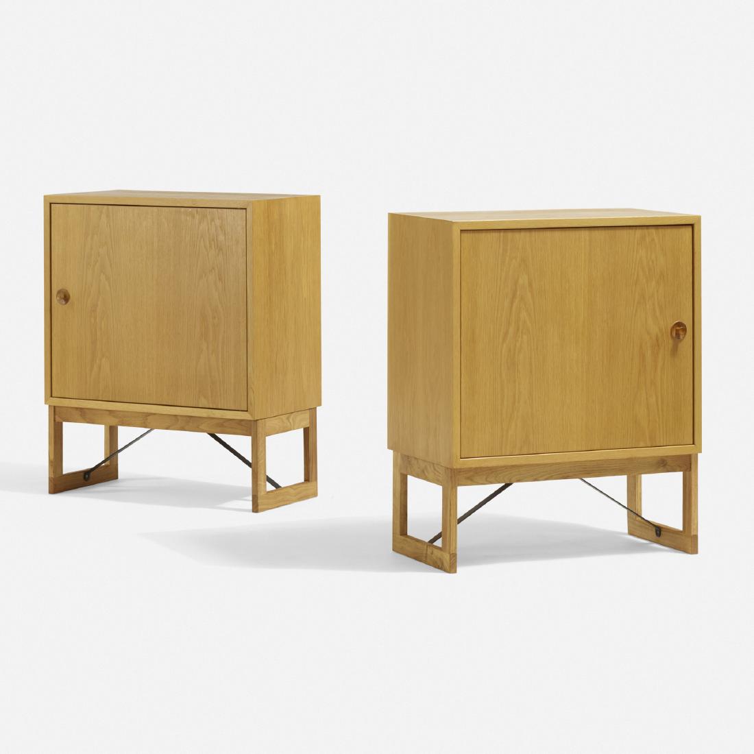 Borge Mogensen, nightstands, pair: Borge Mogensen nightstands, pair Karl Andersson & SonerDenmark / Sweden, c. 1955oak, enameled steel27 w × 15 d × 33 h in (69 × 38 × 84 cm) Each cabinet features one