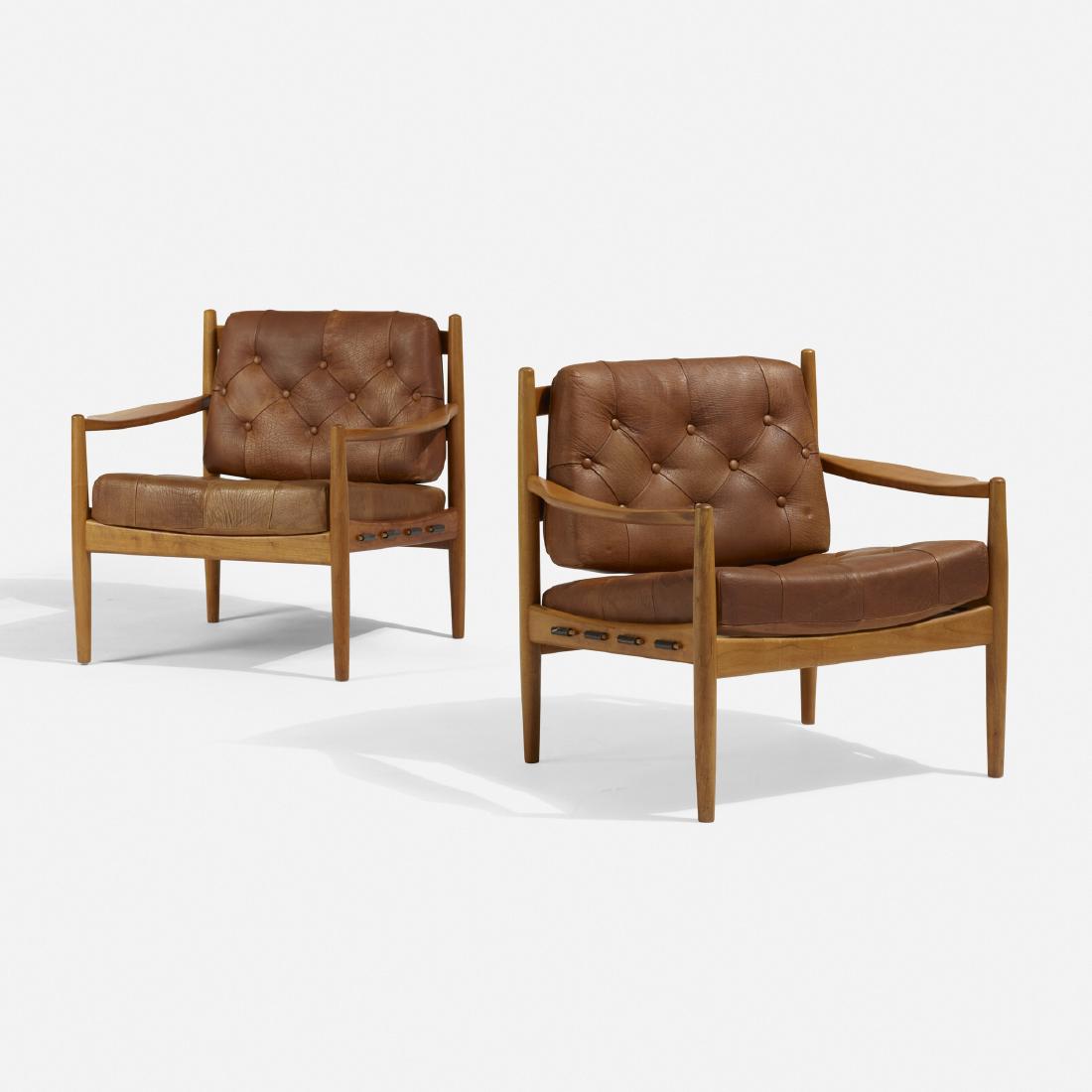 Ingemar Thillmark, Lacko armchairs, pair: Ingemar Thillmark Lacko armchairs, pair OPESweden, 1950walnut, buffalo leather, leather29.75 w × 26.5 d × 29 h in (76 × 67 × 74 cm)