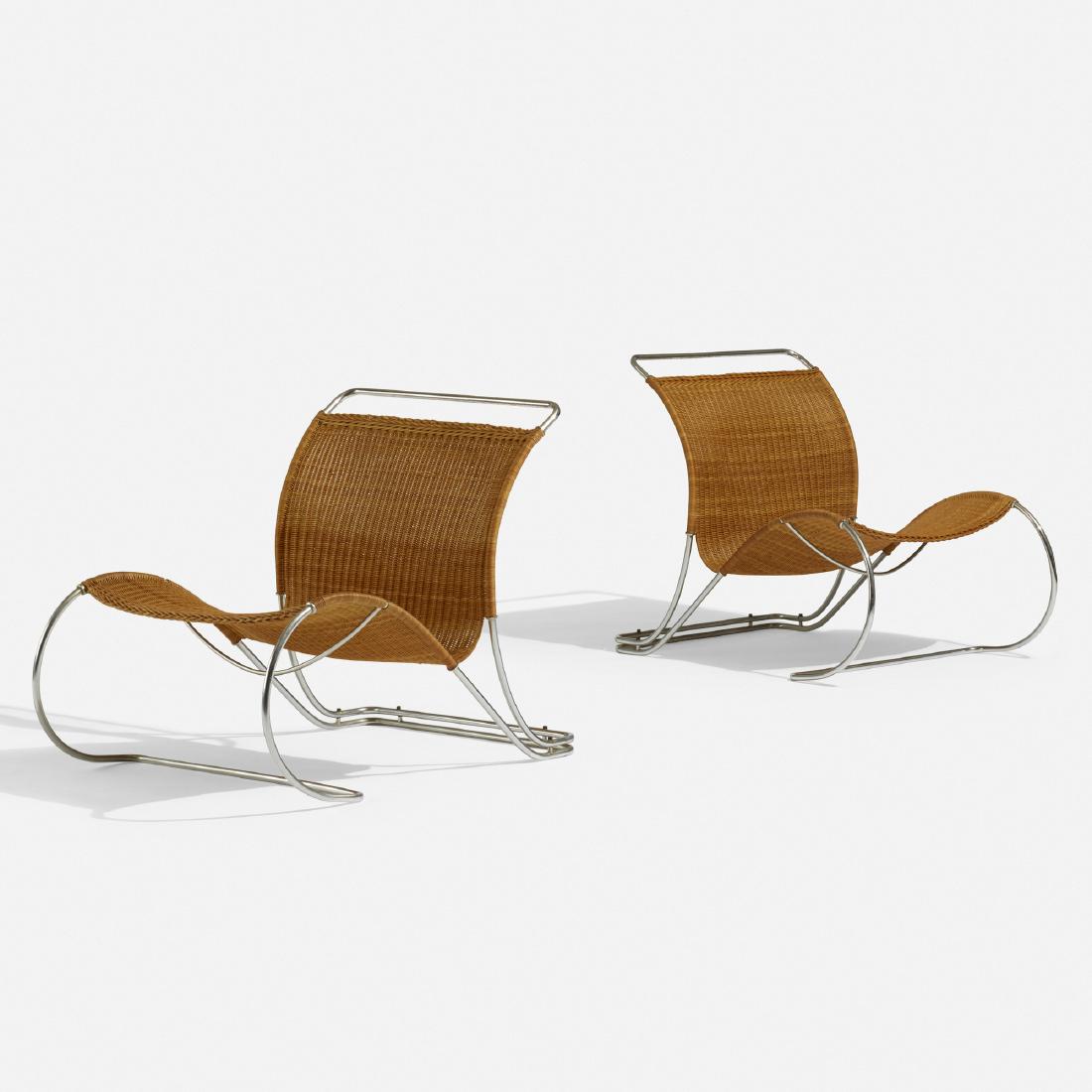 Jorgen Lund and Ole Larsen, lounge chairs: Jorgen Lund and Ole Larsen lounge chairs pair, model Bo 961 Bo-ExDenmark, c. 1970rattan, chrome-plated steel28 w × 36.5 d × 29.25 h in (71 × 93 × 74 cm)