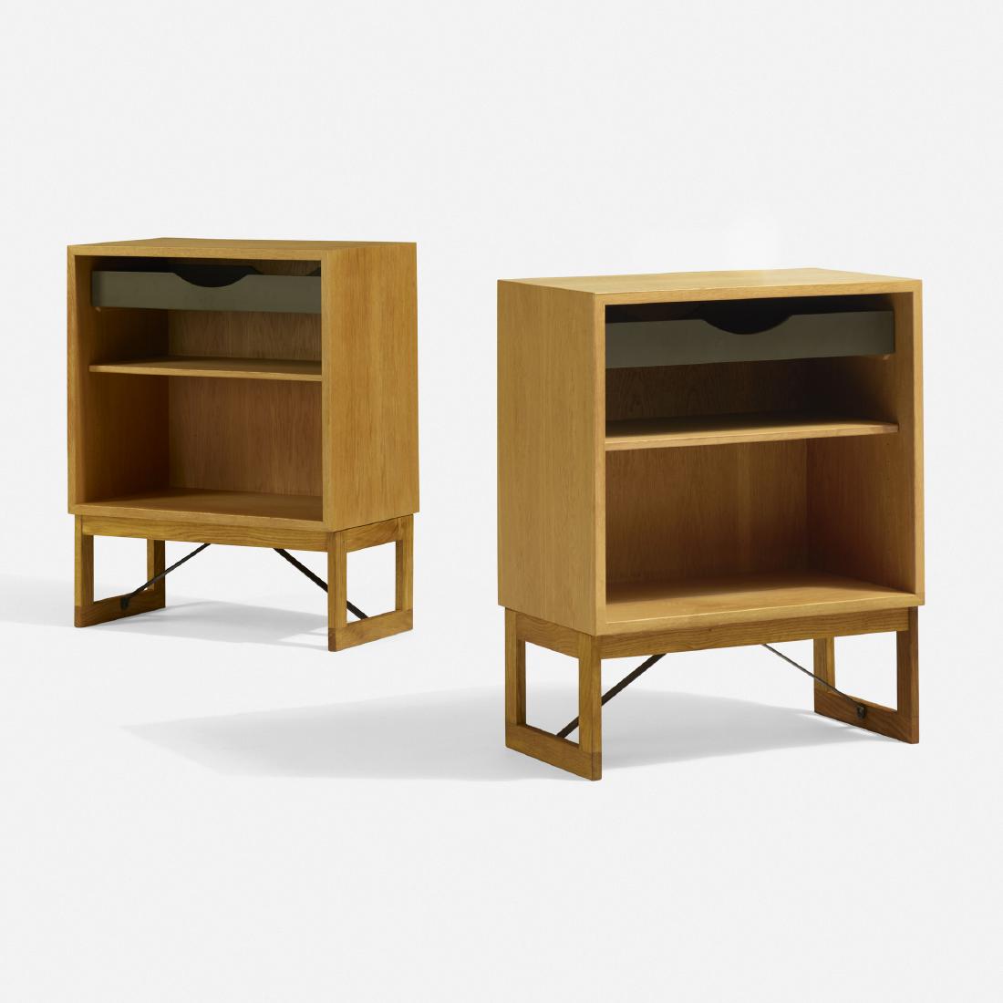 Borge Mogensen, nightstands, pair: Borge Mogensen nightstands, pair Karl Andersson & SonerDenmark / Sweden, c. 1955oak, lacquered wood, enameled steel27 w × 14 d × 33 h in (69 × 36 × 84 cm) Each cabin