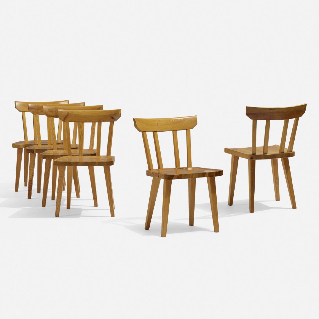 Carl Malmsten, dining chairs, set of six: Carl Malmsten dining chairs, set of six Karl Andersson & SonerSweden, c. 1965pine19.5 w × 19.75 d × 30.5 h in (50 × 50 × 77 cm) Decal manufacturer's label to undersi