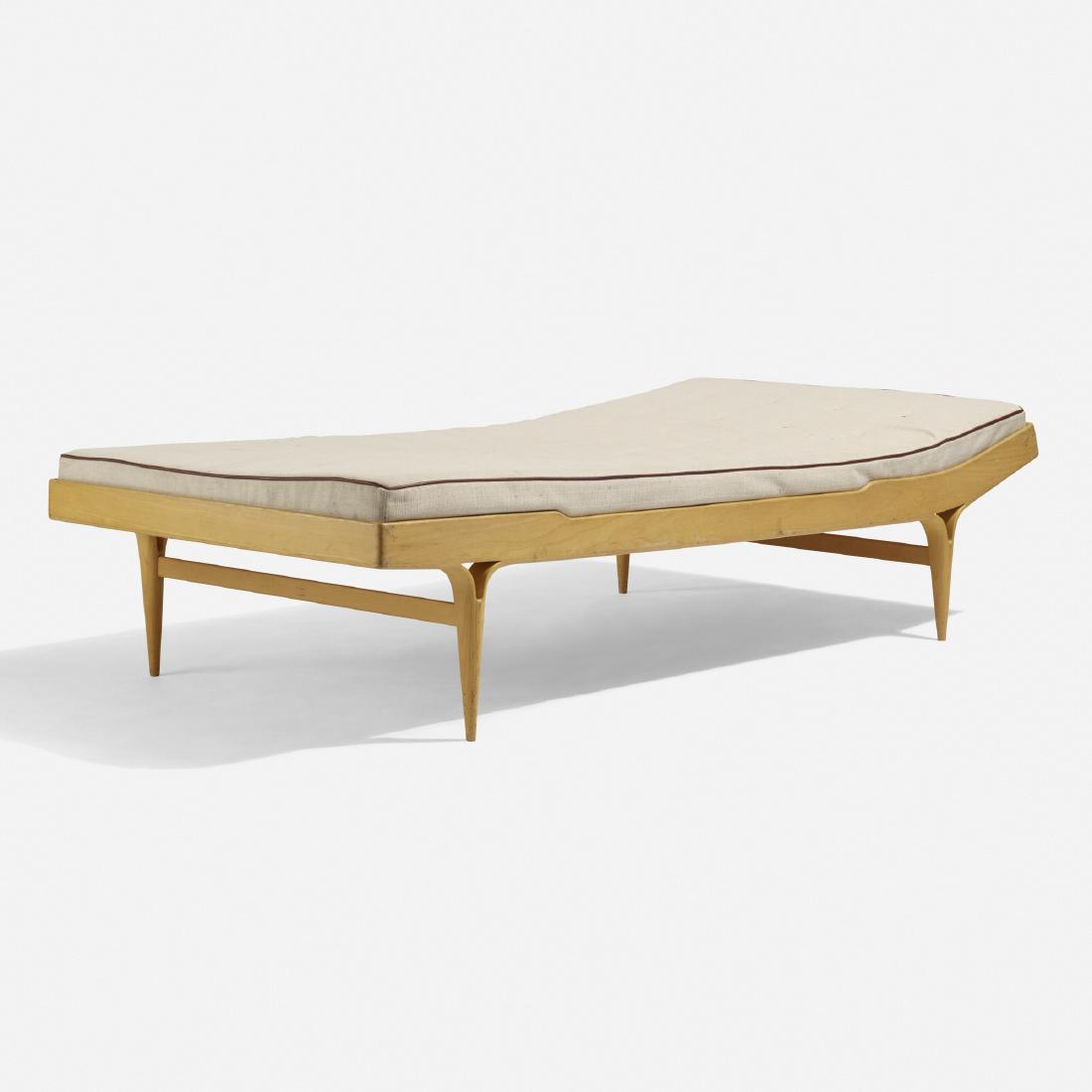Bruno Mathsson, Berlin daybed: Bruno Mathsson Berlin daybed Firma Karl MathssonSweden, 1950 / 1965beech, upholstery, leather40 w × 80 d × 20 h in (102 × 203 × 51 cm) Signed with branded manufactur