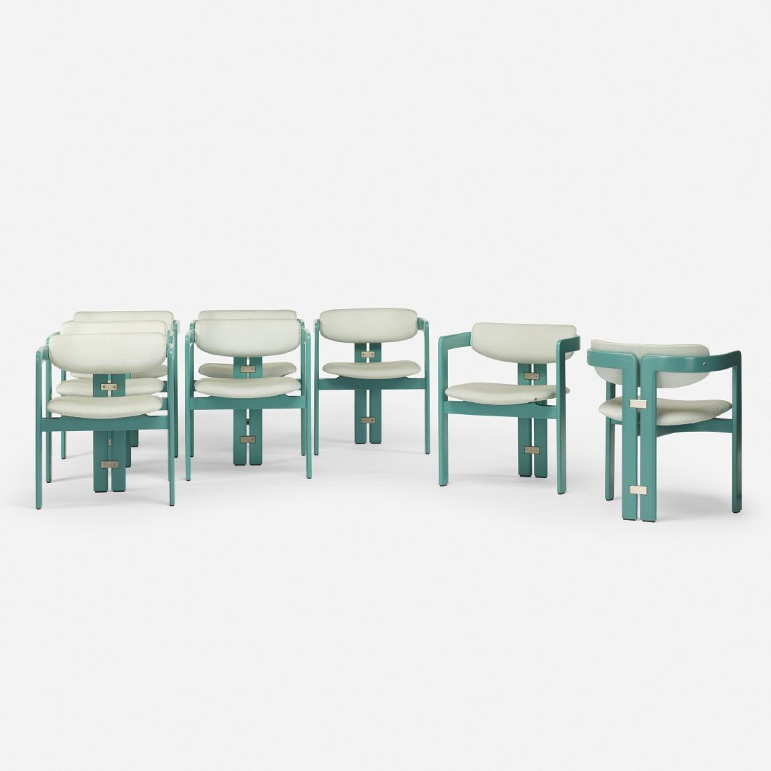 Augusto Savini, Pamplona dining chairs, set of eight: Augusto Savini Pamplona dining chairs, set of eight PozziItaly, 1965lacquered wood, upholstery, stainless steel23 w × 20 d × 28 h in (58 × 51 × 71 cm) Litera