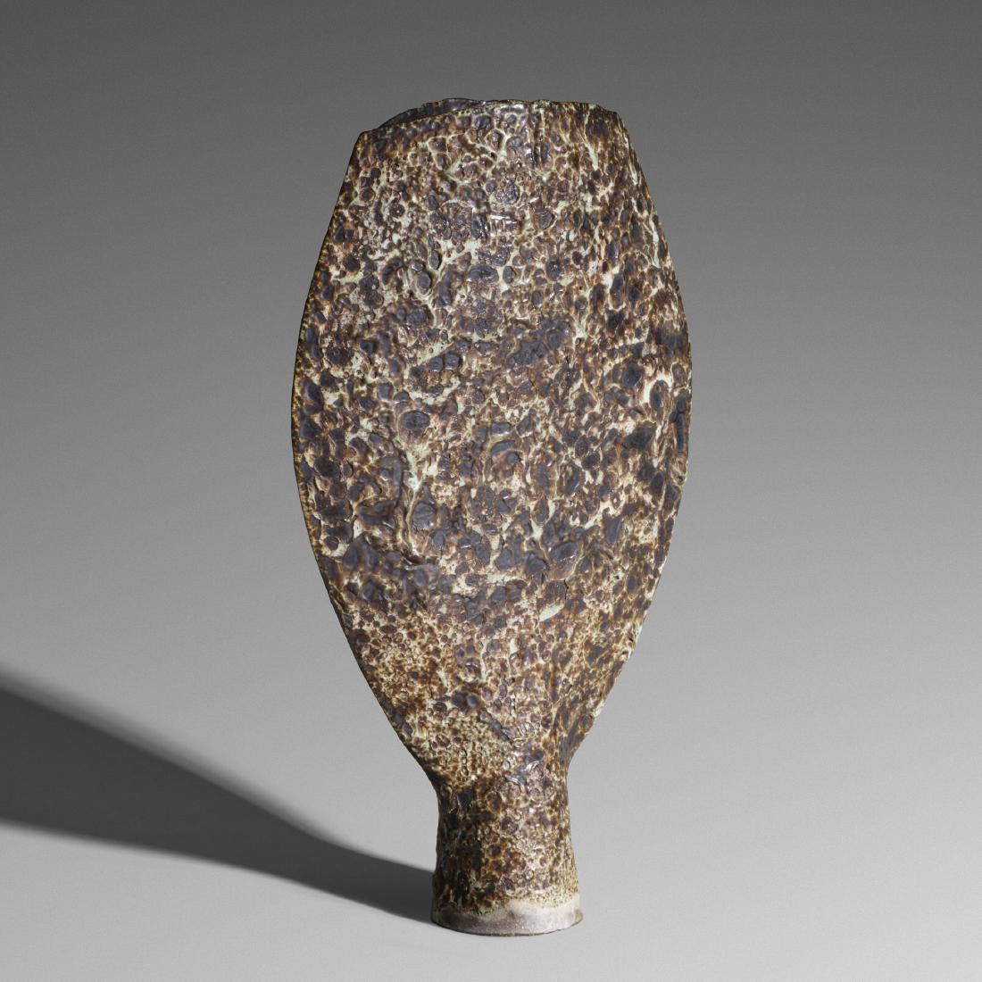 Otto Natzler, vase: Otto Natzler vase USA, 1986earthenware with crater glaze6.5 w × 2 d × 11.25 h in (17 × 5 × 29 cm) Slip signature and artist cypher to underside 'Otto Natzler 1986 N' with