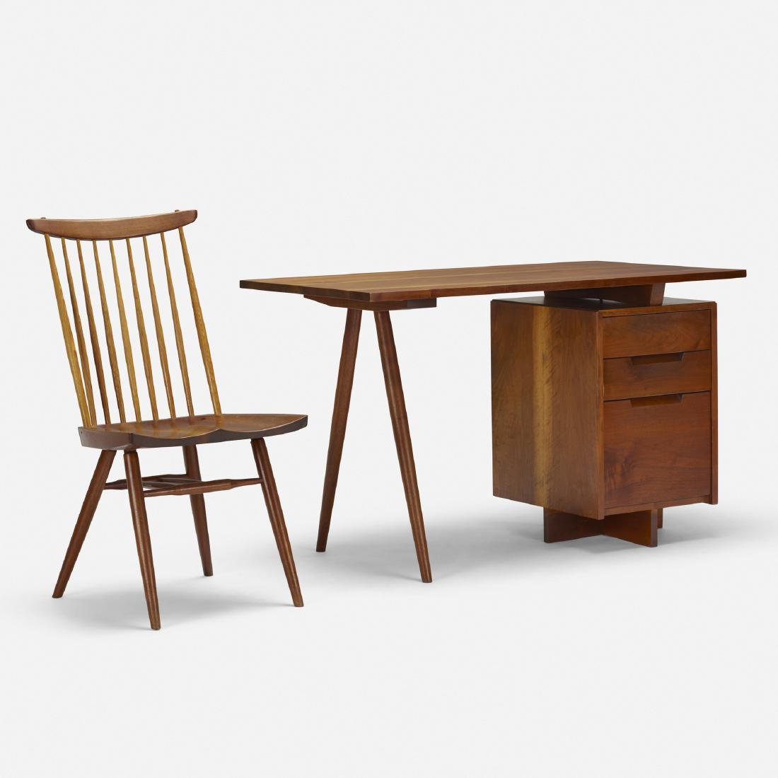 George Nakashima, Single-Pedestal desk and New chair: George Nakashima Single-Pedestal desk and New chair USA, 1956American black walnut, hickory45 w × 26 d × 28 h in (114 × 66 × 71 cm) Chair measures: 18.5 w x 22 d x 36 h in