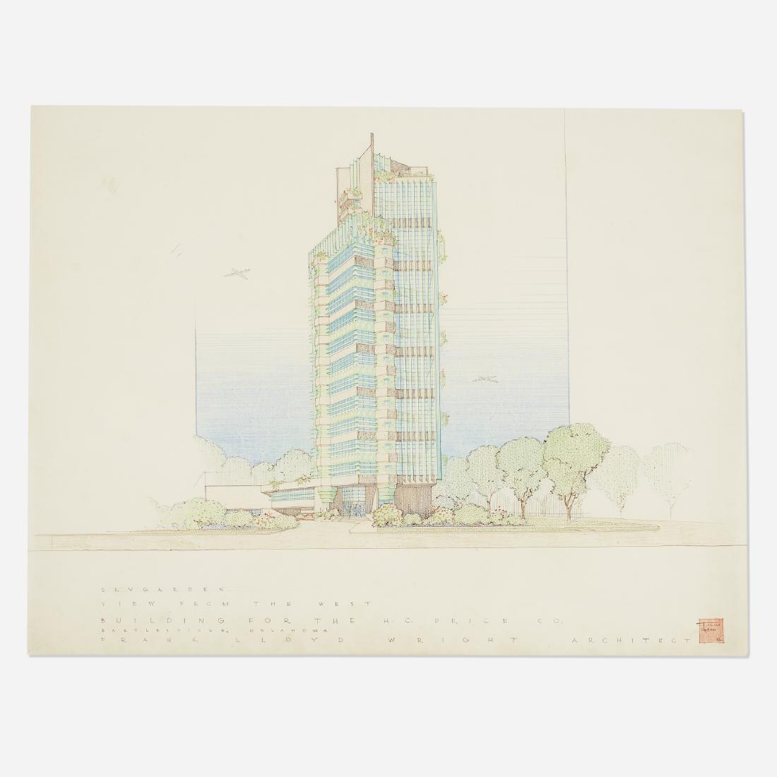 Frank Lloyd Wright, Presentation drawing, Price Tower: Frank Lloyd Wright Presentation drawing for Price Tower, Bartlesville, Oklahoma USA, 1952ink and colored pencil on paper35.5 h × 27 w in (90 × 69 cm) Signed and dated 'FLW Sept 30 52'