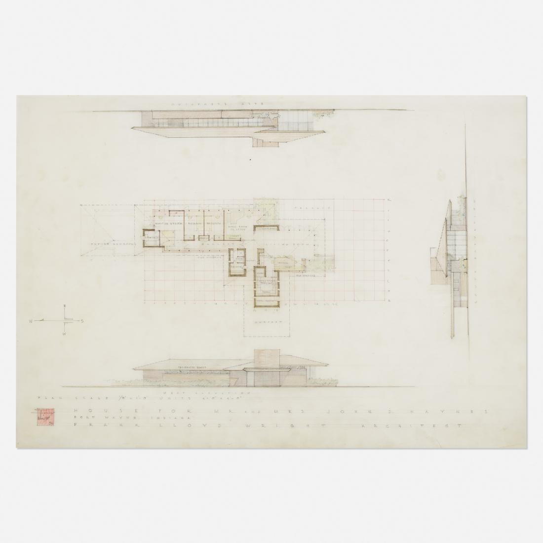 Frank Lloyd Wright, Elevation, John D. Haynes House: Frank Lloyd Wright Elevation for the John D. Haynes House, Fort Wayne, Indiana USA, 1950pencil and colored pencil on tracing paper17.75 h × 25.75 w in (45 × 65 cm) Signed and dated 'F