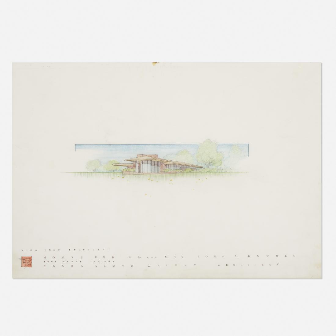 Frank Lloyd Wright, pres. drawing, John D. Haynes House: Frank Lloyd Wright Presentation drawing for the John D. Haynes House, Fort Wayne, Indiana USA, 1950ink and colored pencil on paper18 h × 25.75 w in (46 × 65 cm) Signed and dated 'FLW