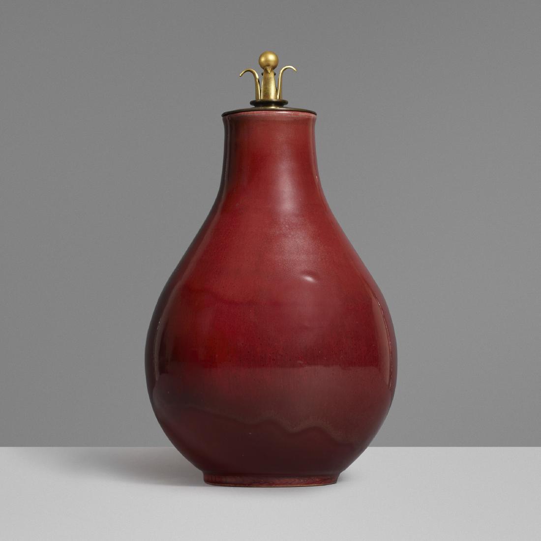 Carl Halier, lidded vessel: Carl Halier lidded vessel Royal CopenhagenDenmark, 1937glazed stoneware, bronze7 dia × 11.75 h in (18 × 30 cm) Glazed signature 'CH' with stamped manufacturer's mark and three line wave mar