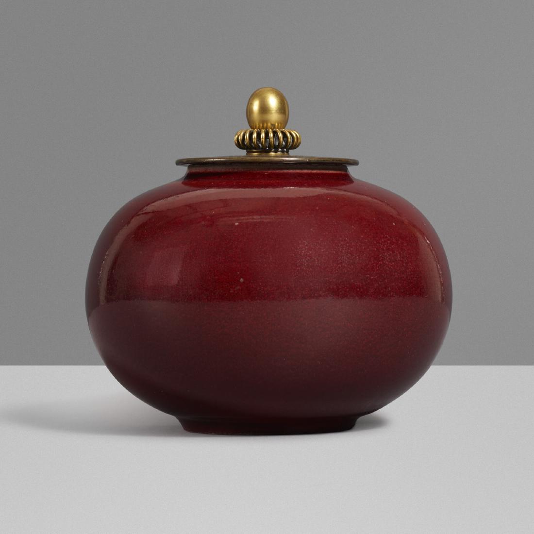Knud Anderson and Carl Halier, lidded vessel: Knud Anderson and Carl Halier lidded vessel Royal CopenhagenDenmark, c. 1935glazed stoneware, bronze5 dia × 4.5 h in (13 × 11 cm) Stamped manufacturer's mark and three line wave