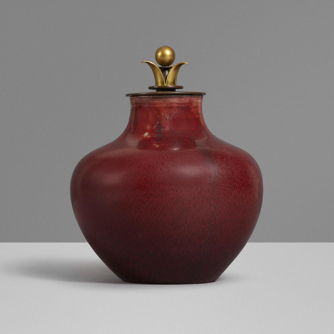 Knud Anderson and Carl Halier, lidded vessel: Knud Anderson and Carl Halier lidded vessel Royal CopenhagenDenmark, c. 1935glazed stoneware, bronze5.5 dia × 6.75 h in (14 × 17 cm) Glazed signature with stamped manufacturer's