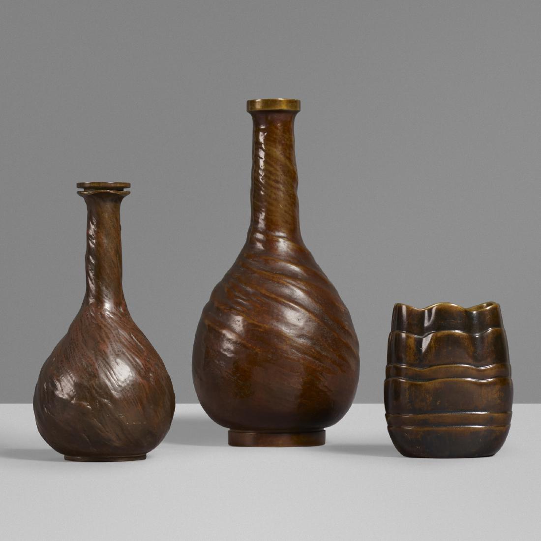 Evan Jensen, vases, set of three: Evan Jensen vases, set of three Denmark, c. 1937cast bronze3.5 dia × 7.25 h in (9 × 18 cm) Stamped to underside of each example 'Evan Jensen'. The smallest vase is an example