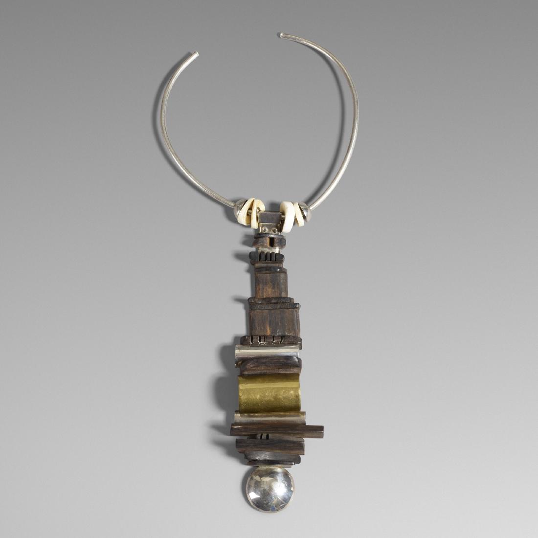 Robert Lee Morris, choker: Robert Lee Morris choker USA, c. 1975ebony, sterling silver wire, brass-plated sterling silver, marble5.75 w × 1.25 d × 14 l in (15 × 3 × 36 cm) Engraved signature to silv