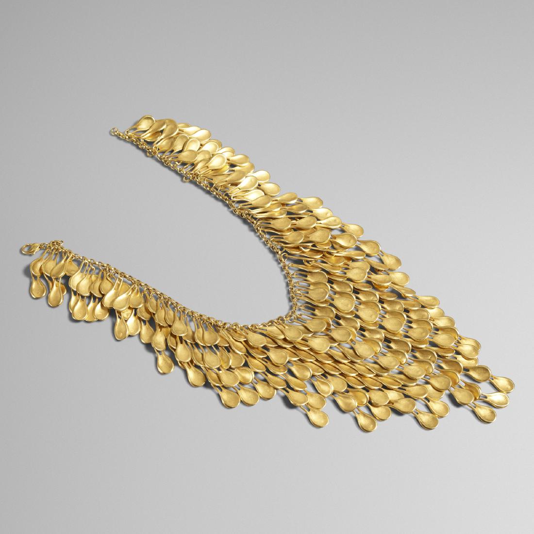 Robert Lee Morris, Golden Petal Waterfall necklace: Robert Lee Morris Golden Petal Waterfall necklace USA, 198924 karat gold-plated silver6 w × .5 d × 17 l in (15 × 1 × 43 cm) Engraved signature 'Robert Lee Morris 1989'.