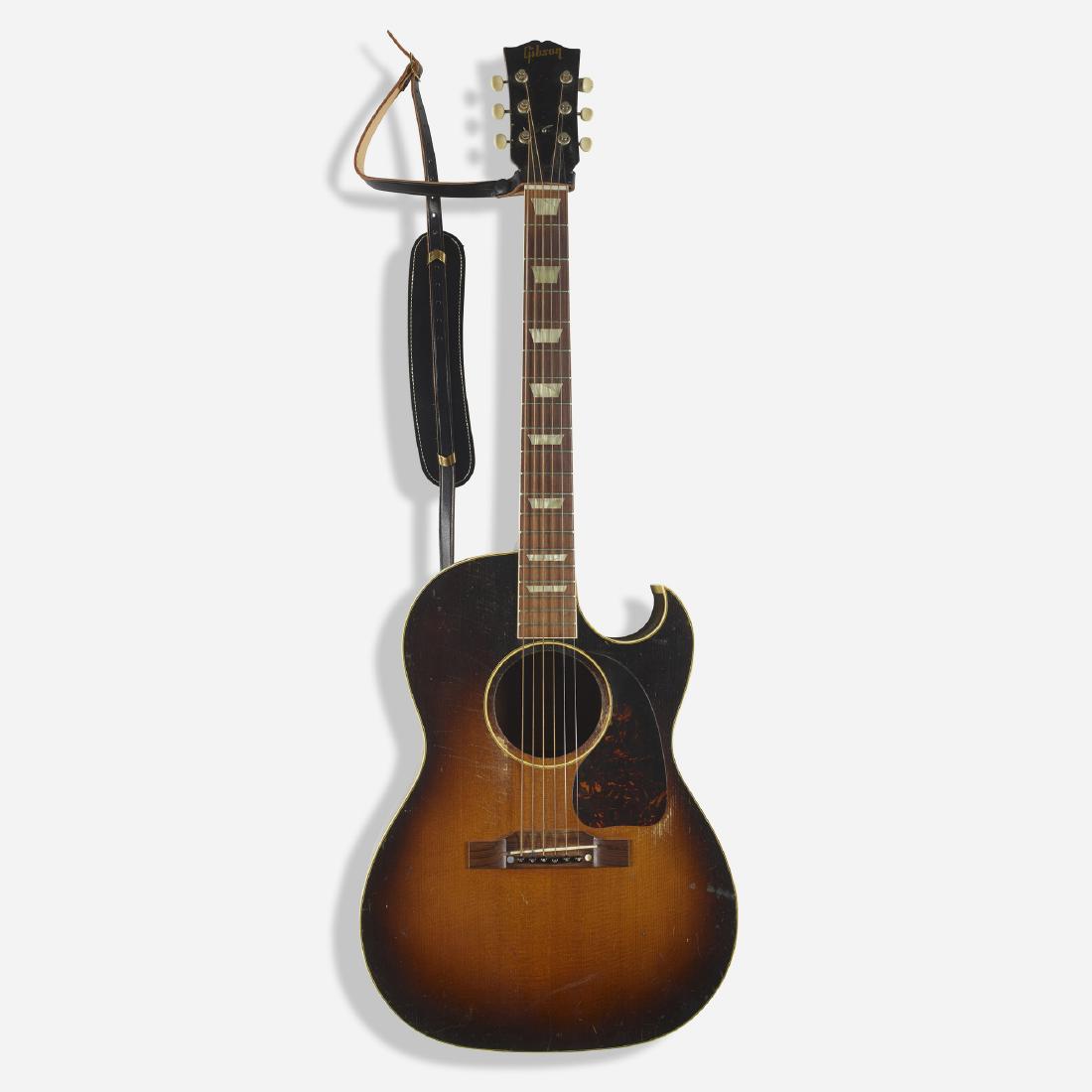 Gibson, 1950 CF-100 acoustic guitar: Gibson 1950 CF-100 acoustic guitar 1950 lacquered wood, mahogany, pearloid, steel, bone, plastic 14.25 w × 4.5 d × 40.25 h in (36 × 11 × 102 cm) Printed to headstock ‘Gibson