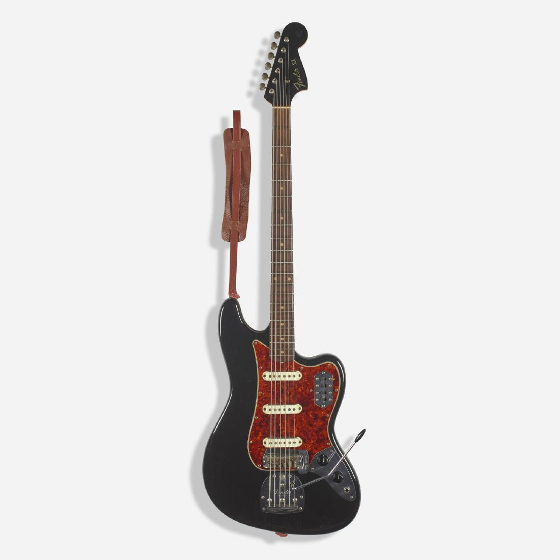 Fender, 1963 VI bass guitar: Fender 1963 VI bass guitar 1963 lacquered wood, steel, chrome-plated steel, plastic 14 w × 2.25 d × 44.5 h in (36 × 6 × 113 cm) Serial number: 95396 Stamped to rever