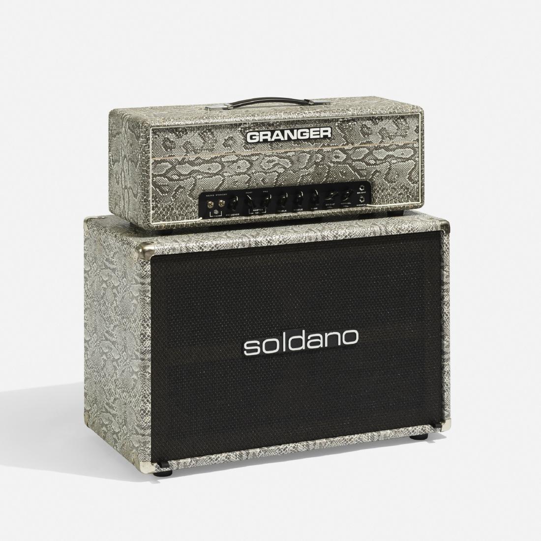 Soldano and Granger, amplifier head and cabinet: Soldano and Granger amplifier head and cabinet USA c. 2010 vinyl, wood, plastic, chrome-plated steel, aluminum 28 w × 14 d × 29 h in (71 × 36 × 74 cm) Printed to reverse of