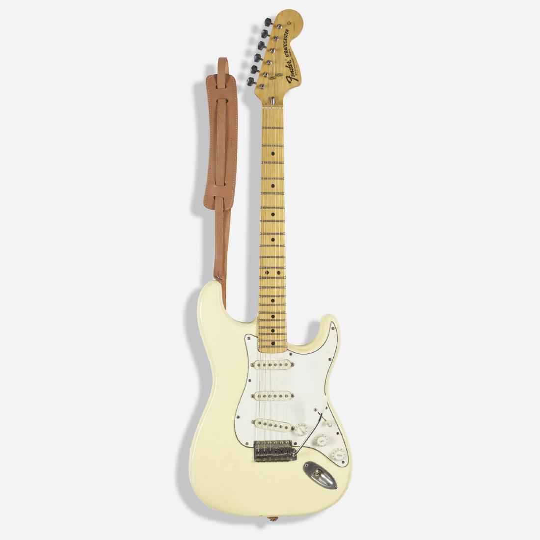 Fender, 1974 Stratocaster electric guitar: Fender 1974 Stratocaster electric guitar 1974 lacquered wood, maple, steel, chrome-plated steel, plastic 12.5 w × 2.5 d × 39.5 h in (32 × 6 × 100 cm) Decal logo to headstock
