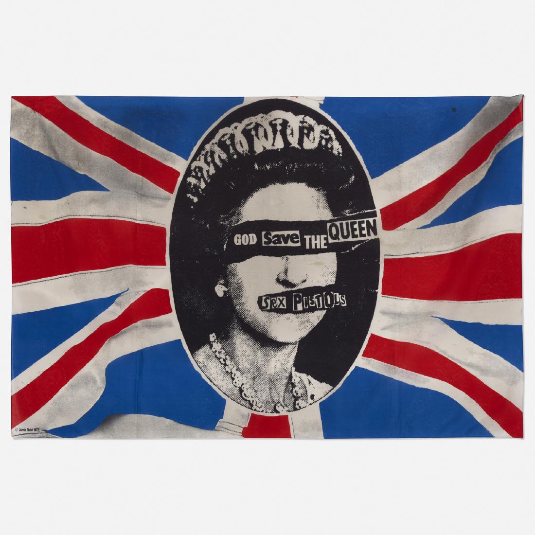 Jamie Reid, God Save the Queen banner, Sex Pistols: Jamie Reid God Save the Queen banner for the Sex Pistols United Kingdom, 1977screenprint on silk29 h × 42 w in (74 × 107 cm) Printed 'Copyright Jaime Reid 1977'.