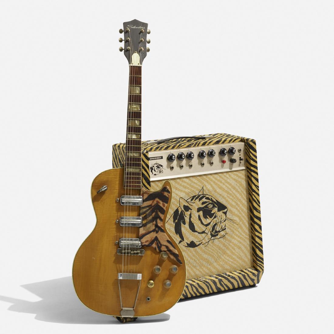 Silvertone, 1445 electric guitar and Gregory amplifier: Silvertone 1445 electric guitar and Gregory amplifier c. 1965 lacquered wood, steel, chrome-plated steel, fabric, plastic, chrome, rosewood, pearloid, vinyl, aluminum, glass 15 w × 2.75 d ×