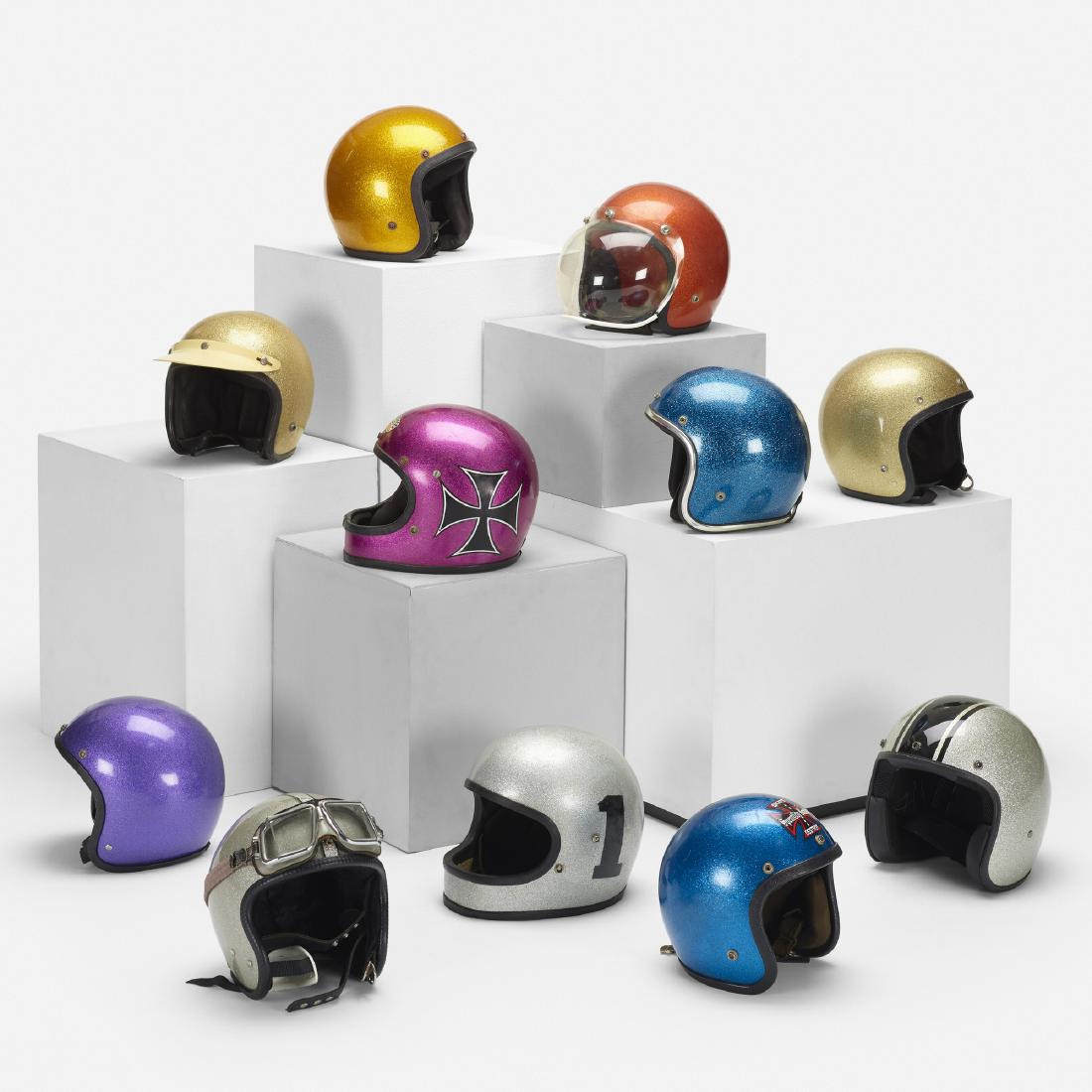 Modern, collection of eleven motorcycle helmets: Modern collection of eleven motorcycle helmets Late 20th Centurylacquered fiberglass, plastic, acrylic, chrome-plated steel, nylon, polyester, vinyl9 w × 12 d × 9 h in (23 × 30 &time