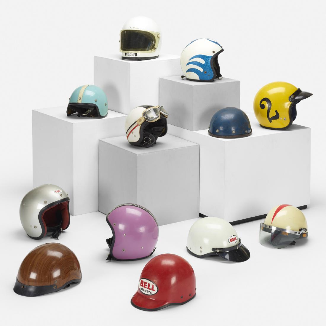 Modern, collection of twelve motorcycle helmets: Modern collection of twelve motorcycle helmets Late 20th Centurylacquered fiberglass, plastic, acrylic, vinyl, polyester, nylon, leather9 w × 13 d × 9.5 h in (23 × 33 × 24 cm)