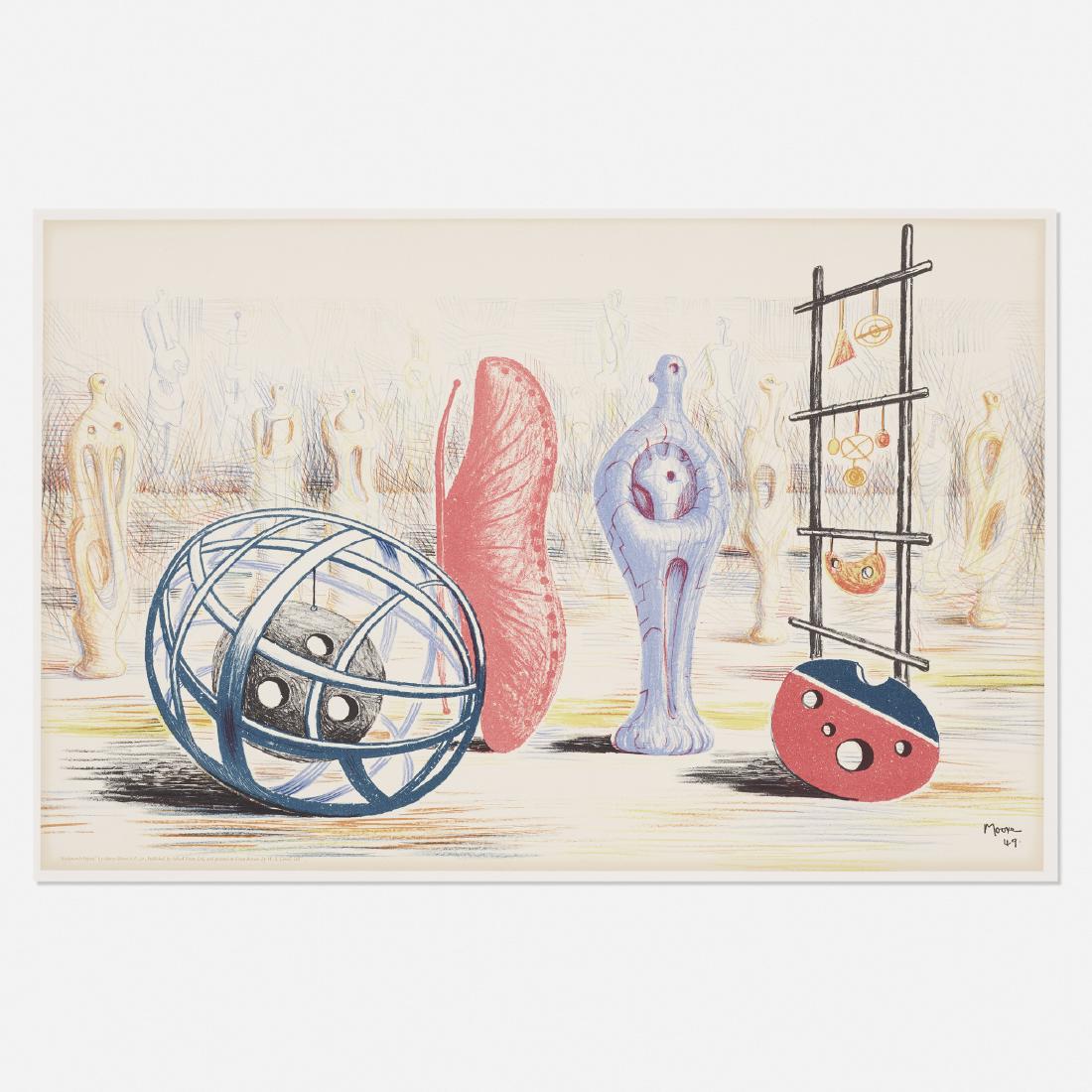 Henry Moore, Sculptural Objects: Henry Moore Sculptural Objects 1949lithograph on paper30.25 h × 40.25 w in (77 × 102 cm) Printed signature, title and date to lower margin 'Sculptural Objects by Henry Moore S.P. 30,