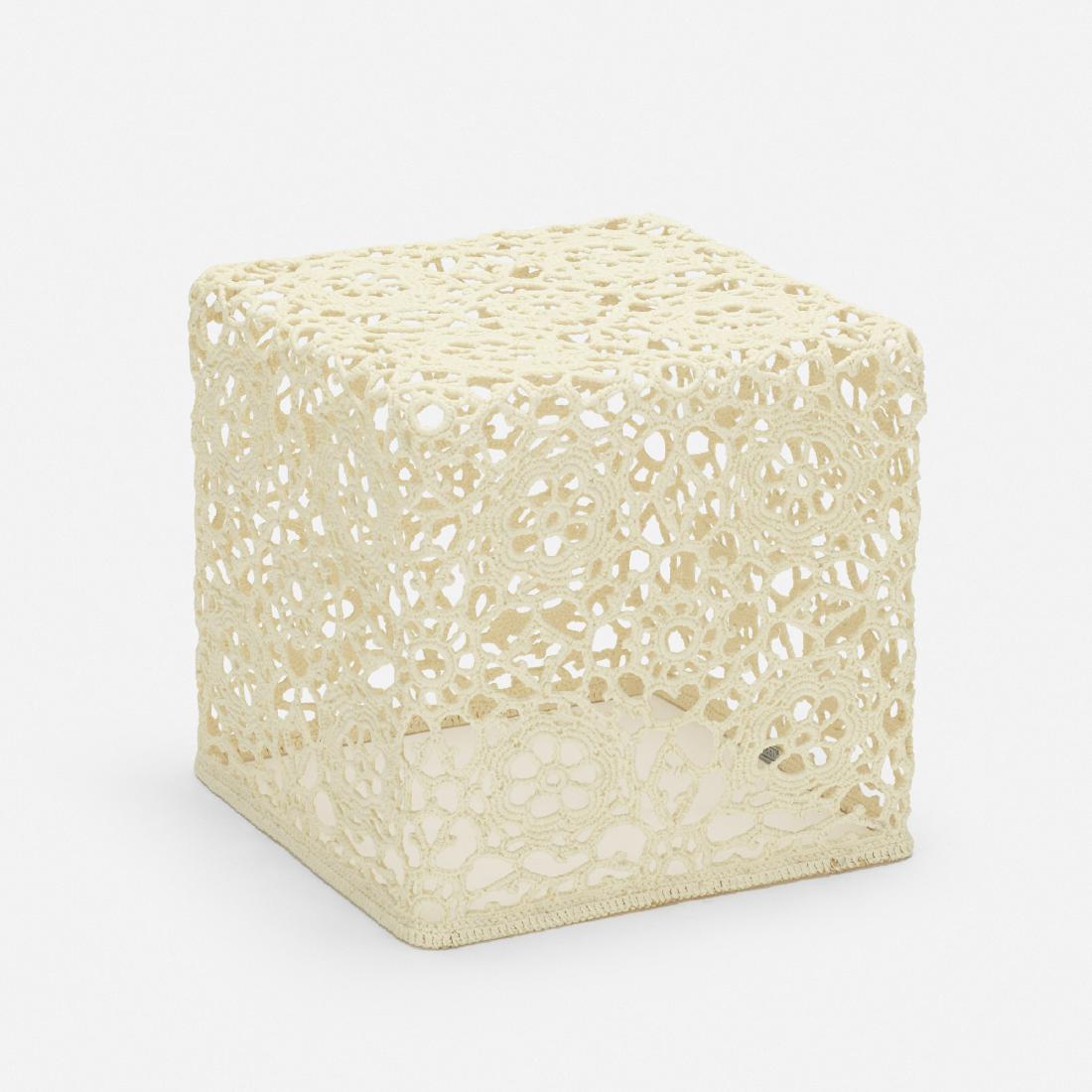 Marcel Wanders, Crochet table: Marcel Wanders Crochet table MoooiThe Netherlands, 2001handmade crochet cotton, epoxy resin12 w × 12 d × 12 h in (30 × 30 × 30 cm) Fabric manufacturer's label to und