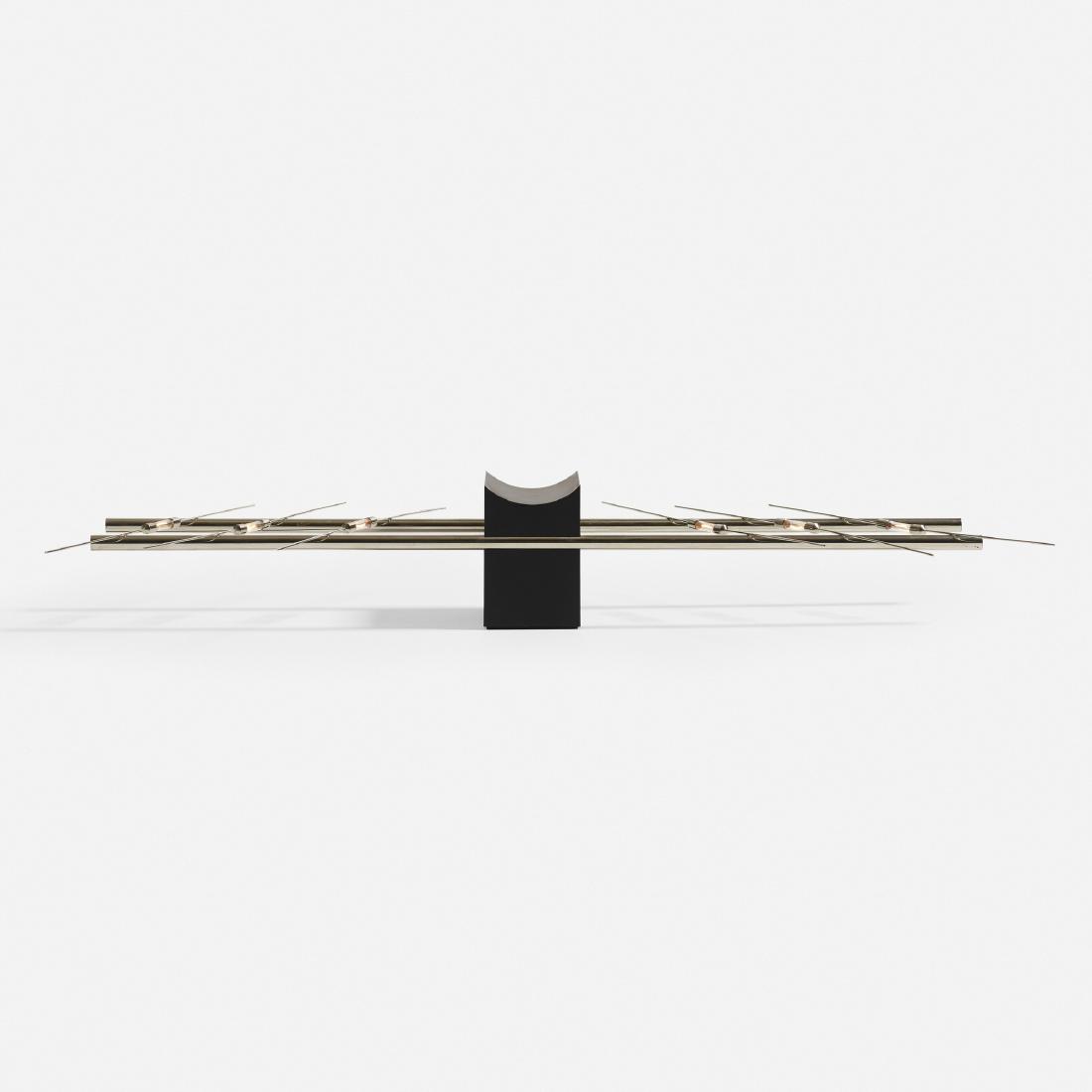 Dante Bandini and Theodore Waddell, 7+ table lamp: Dante Bandini and Theodore Waddell 7+ table lamp Zanotta Italy, 1969 stainless steel, plastic, glass 23 w × 10.75 d × 3.75 h in (58 × 27 × 10 cm) Cast manufacturer's ma