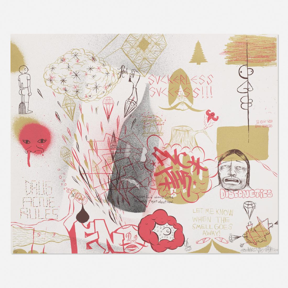 Barry McGee and Andrew Jeffrey Wright, Untitled: Barry McGee and Andrew Jeffrey Wright Untitled USA, 2002/2003screenprint and spraypaint on paper14 h × 17 w in (36 × 43 cm) Signed, dated and numbered to lower edge ‘8/18 Barry 2003 A