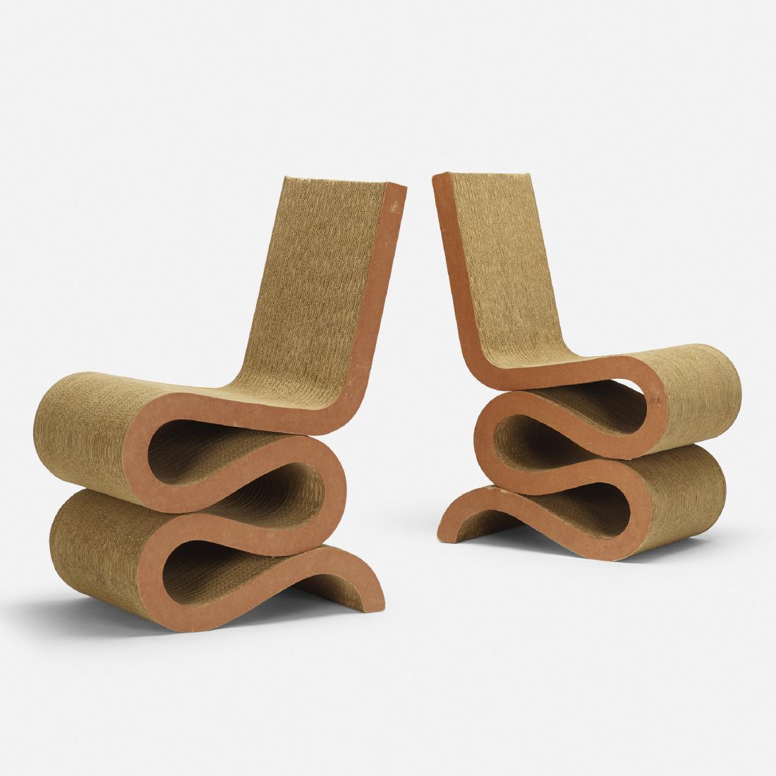 Frank Gehry, Wiggle chairs, pair: Frank Gehry Wiggle chairs, pair Vitra Canada/USA / Germany, 1972 / 2005 laminated cardboard, masonite 16 w × 23 d × 33 h in (41 × 58 × 84 cm) Literature: