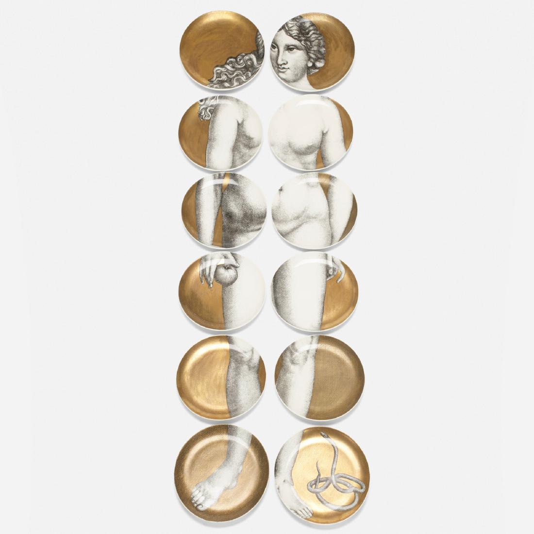 Piero Fornasetti, Eva plates, set of twelve: Piero Fornasetti Eva plates, set of twelve Fornasetti MilanoItaly, 1954transfer-printed porcelain10 dia × 1 h in (25 × 3 cm) Signed with stamped manufacturer's mark to underside
