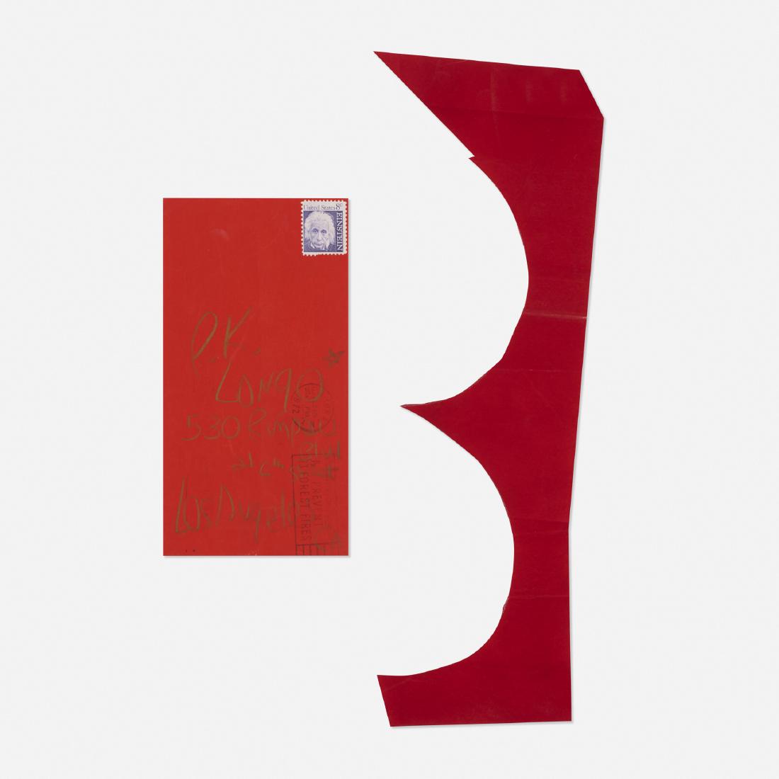 James Lee Byars, red paper cutout mailed to Tommy Longo: James Lee Byars red paper cutout mailed to Tommy Longo 1972pencil on colored paper, hand-cut colored paper11.5 h × 4.5 w in (29 × 11 cm) Envelope measures: 6.5 h x 3.5 w inches.