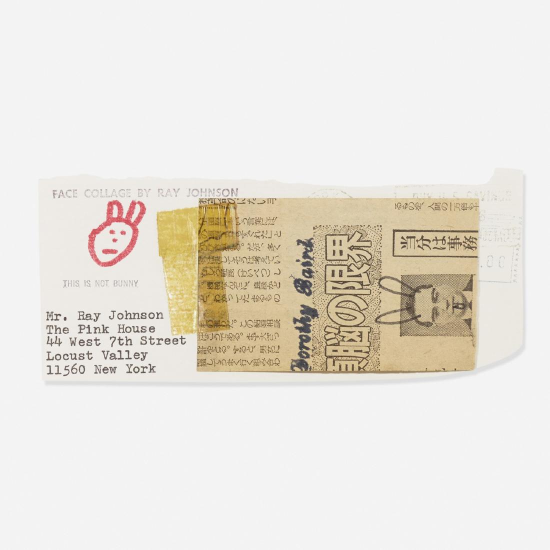 Ray Johnson, Untitled (Pacific Telephone): Ray Johnson Untitled (Pacific Telephone) c. 1972collage on paper2.75 h × 6 w in (7 × 15 cm) Stamped signature and inscription to collage 'Face Collage by Ray Johnson'. Stamped signatu