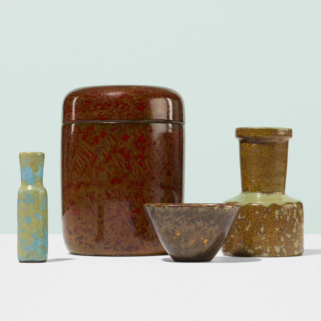 Hans Hedberg, collection of four vessels: Hans Hedberg collection of four vessels Sweden, c. 1960glazed stoneware6.75 w × 8.75 h in (17 × 22 cm) Glazed signature to underside of each example ‘Hedberg'.