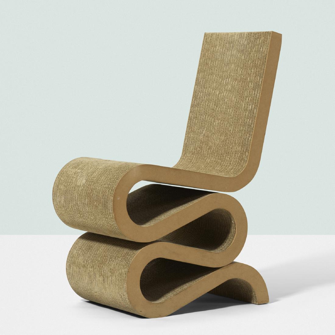 Frank Gehry, Wiggle chair: Frank Gehry Wiggle chair Vitra Canada/USA / Germany, 1972 / c. 2000 laminated cardboard, masonite 14 w × 23 d × 33 h in (36 × 58 × 84 cm) Applied metal manufacturer's l